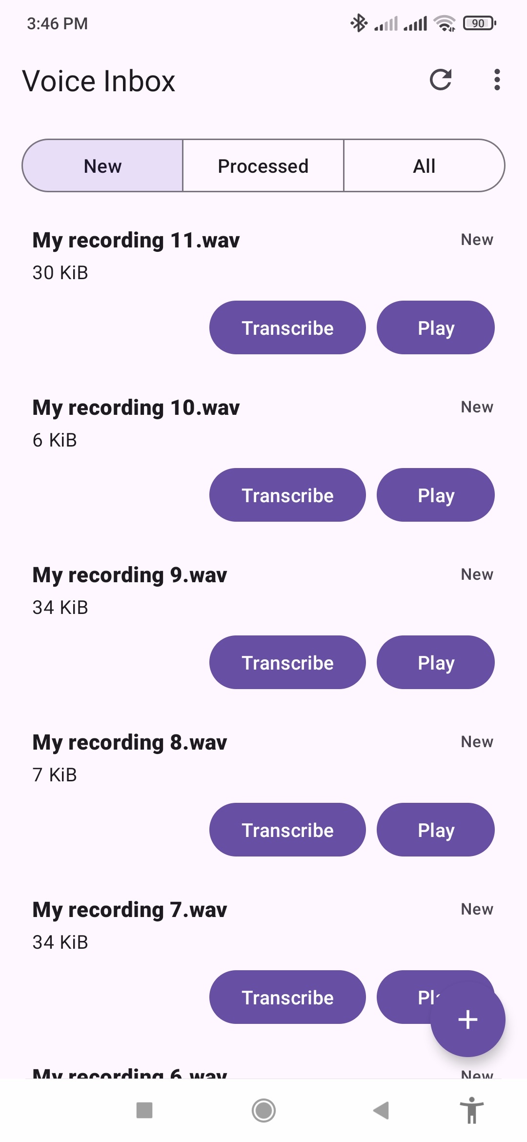 Voice Inbox Android app showing scanned audio files and playback actions