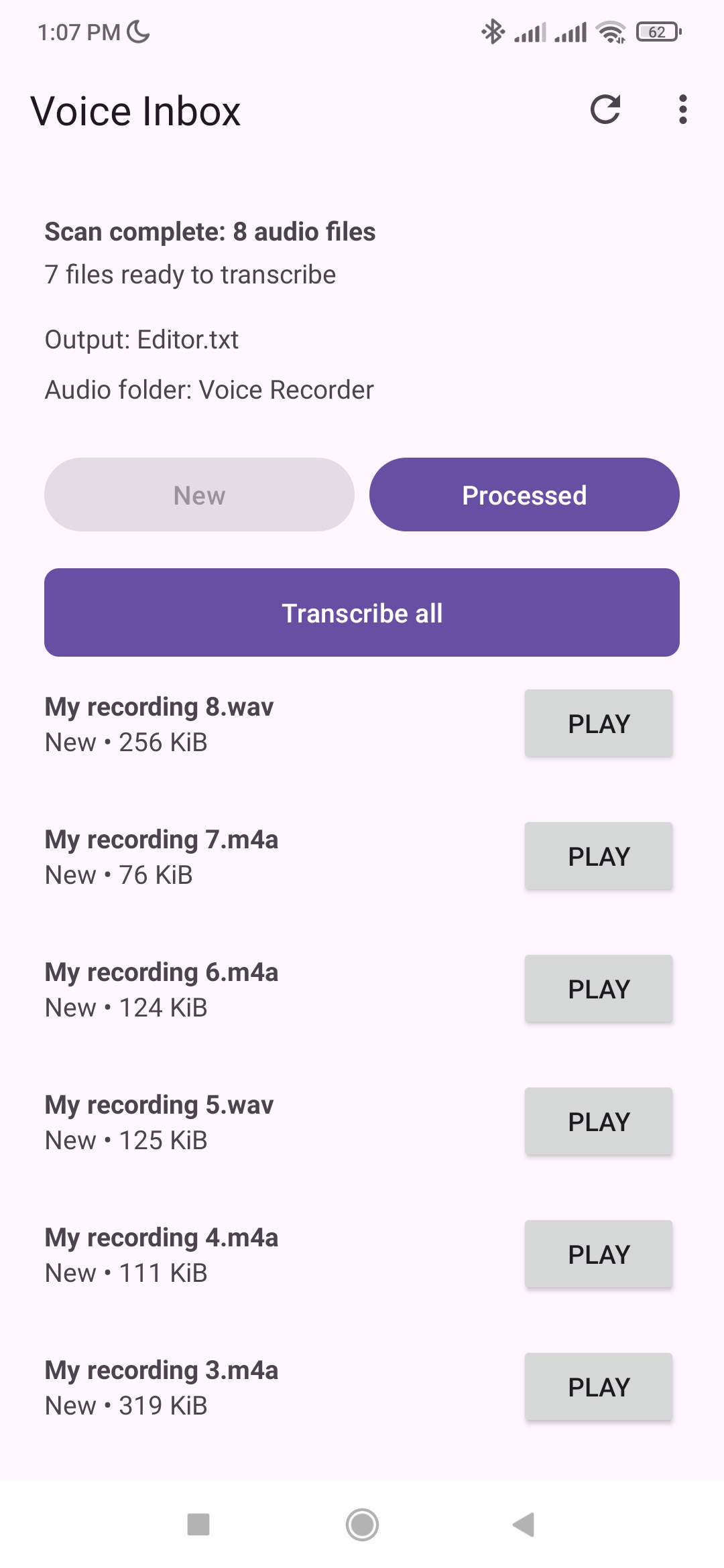 Voice Inbox Android app showing scanned audio files and playback actions