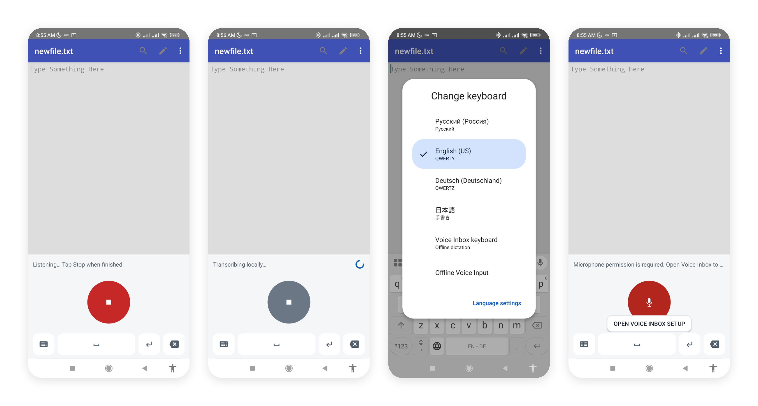 Four Android examples showing Voice Inbox listening, transcribing locally, available in the keyboard picker, and displaying microphone-permission recovery