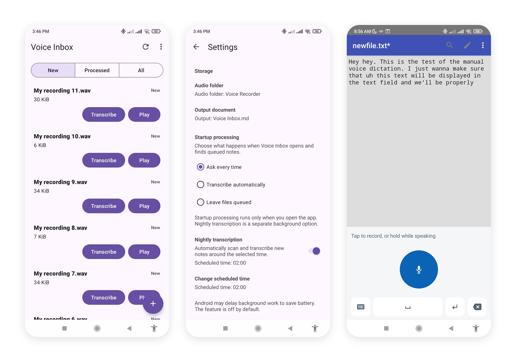 Three Android Voice Inbox views showing the recording task list, startup and scheduled-processing settings, and the compact voice keyboard inside a text editor